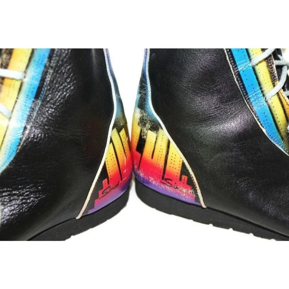 Vintage Ankle Boots Airbrushed City Skyline Painted Booties Black Leather - Picture 6 of 10